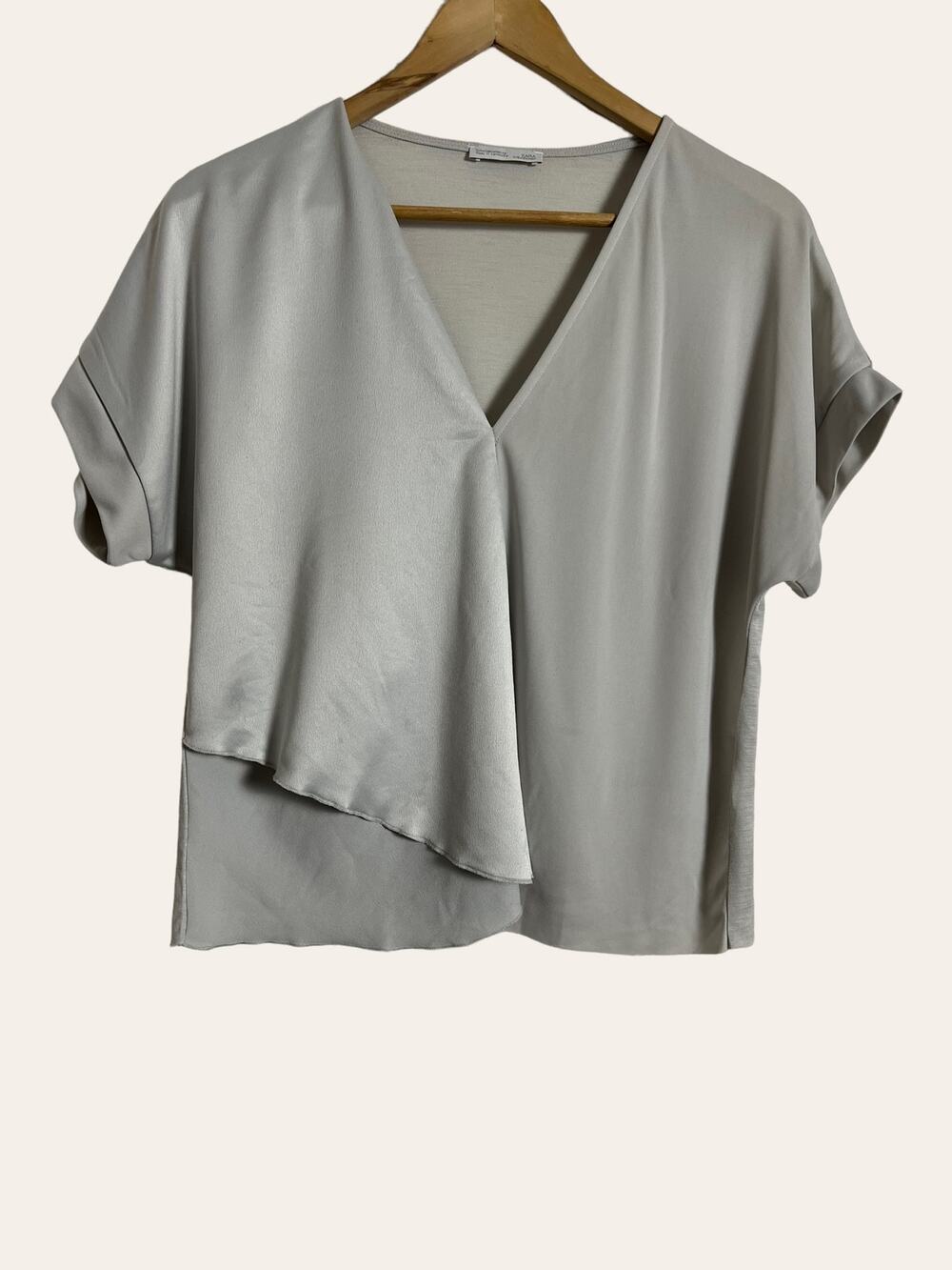 Zara Gray Flowy Oversized Short Sleeve V-Neck Asymmetric Layered Blouse Size M